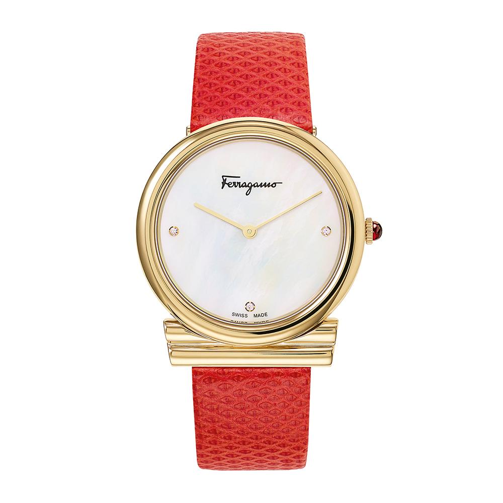 Gancini Slim Watch, Red Leather Strap, Diamond, Mother of Pearl Dial