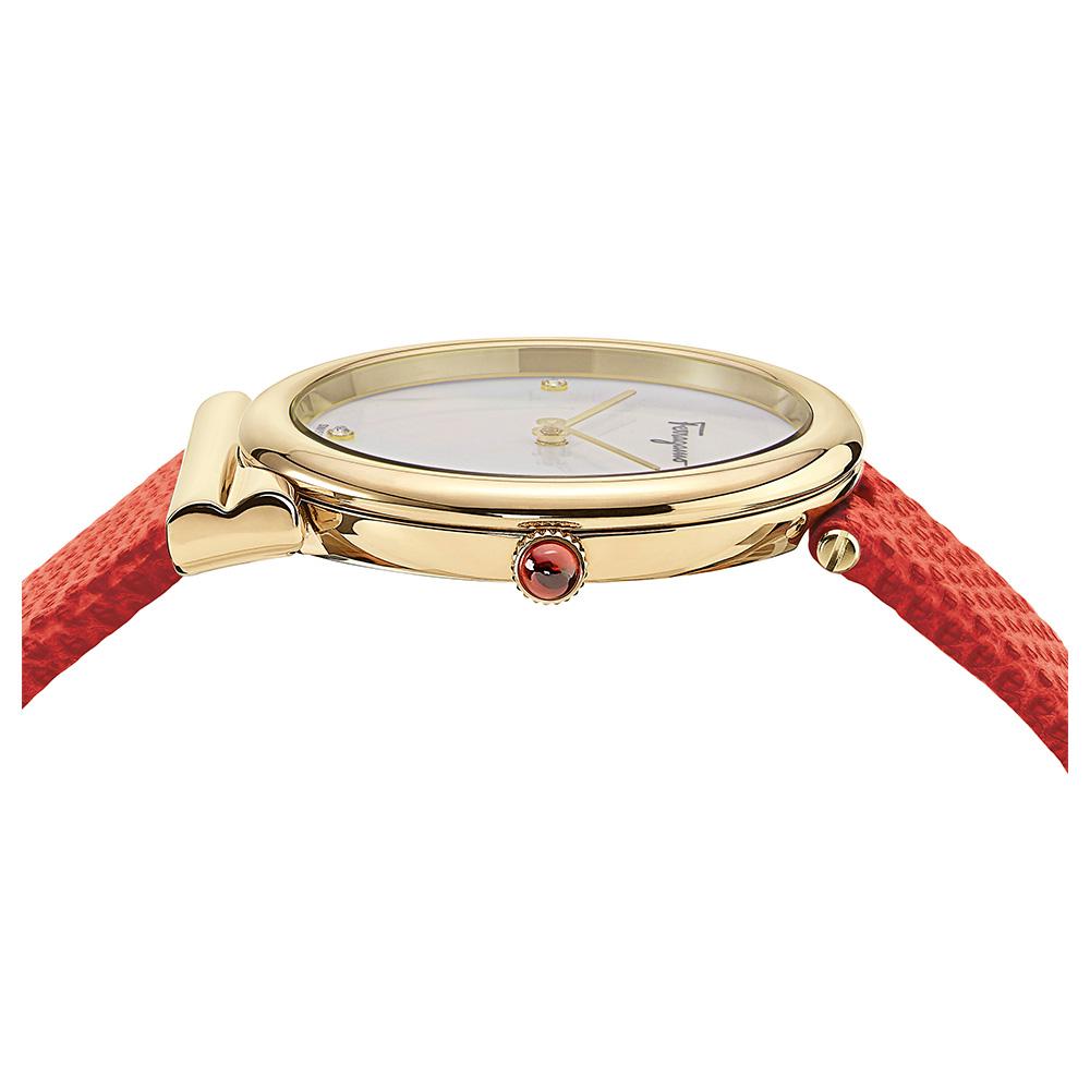 Gancini Slim Watch, Red Leather Strap, Diamond, Mother of Pearl Dial