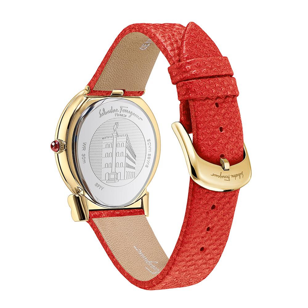 Gancini Slim Watch, Red Leather Strap, Diamond, Mother of Pearl Dial