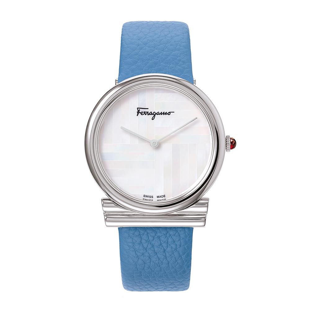 Gancini Slim Watch, Blue Leather Strap, Mother of Pearl Dial