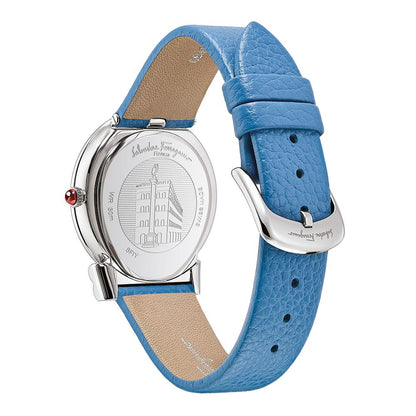 Gancini Slim Watch, Blue Leather Strap, Mother of Pearl Dial
