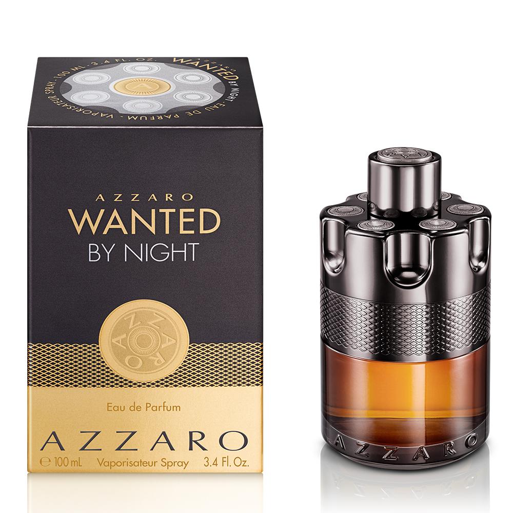 Image Of Azzora Wanted By Night Packaging Box Black and Golden Next To Barrel Shaped Fragrance Bottle Pari Gallery Qatar 100 ml